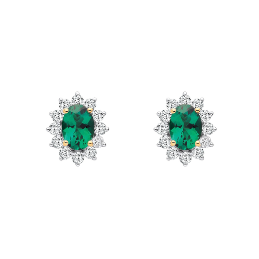 9ct Yellow Gold Oval Lab Emerald and Diamond Halo Cluster Stud Earrings