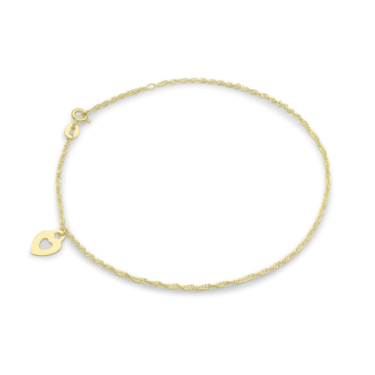 9ct Yellow Gold Twisted Curb Chain Anklet with Heart Charm — 1.1mm