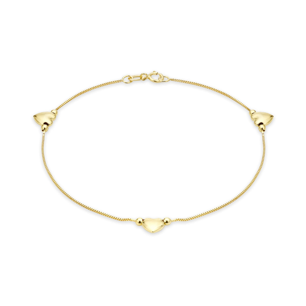 9ct Yellow Gold Three Heart Charm Box Chain Anklet — 0.6mm