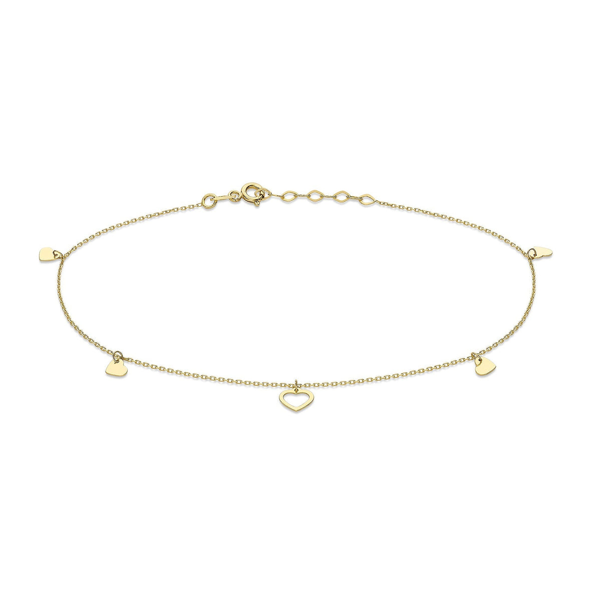 9ct Yellow Gold Open and Closed Heart Adjustable Anklet — 0.7mm