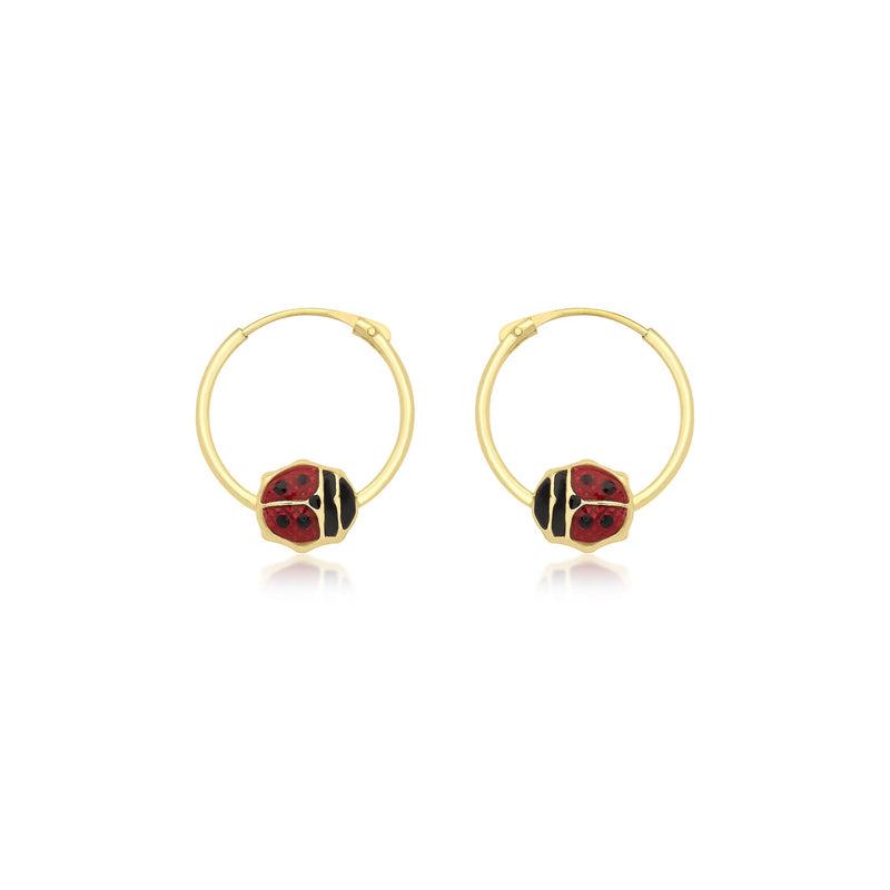 9ct Yellow Gold Enamel Ladybird Hoop Earrings