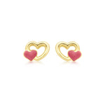 9ct Yellow Gold Pink Enamel Double Heart Stud Earrings
