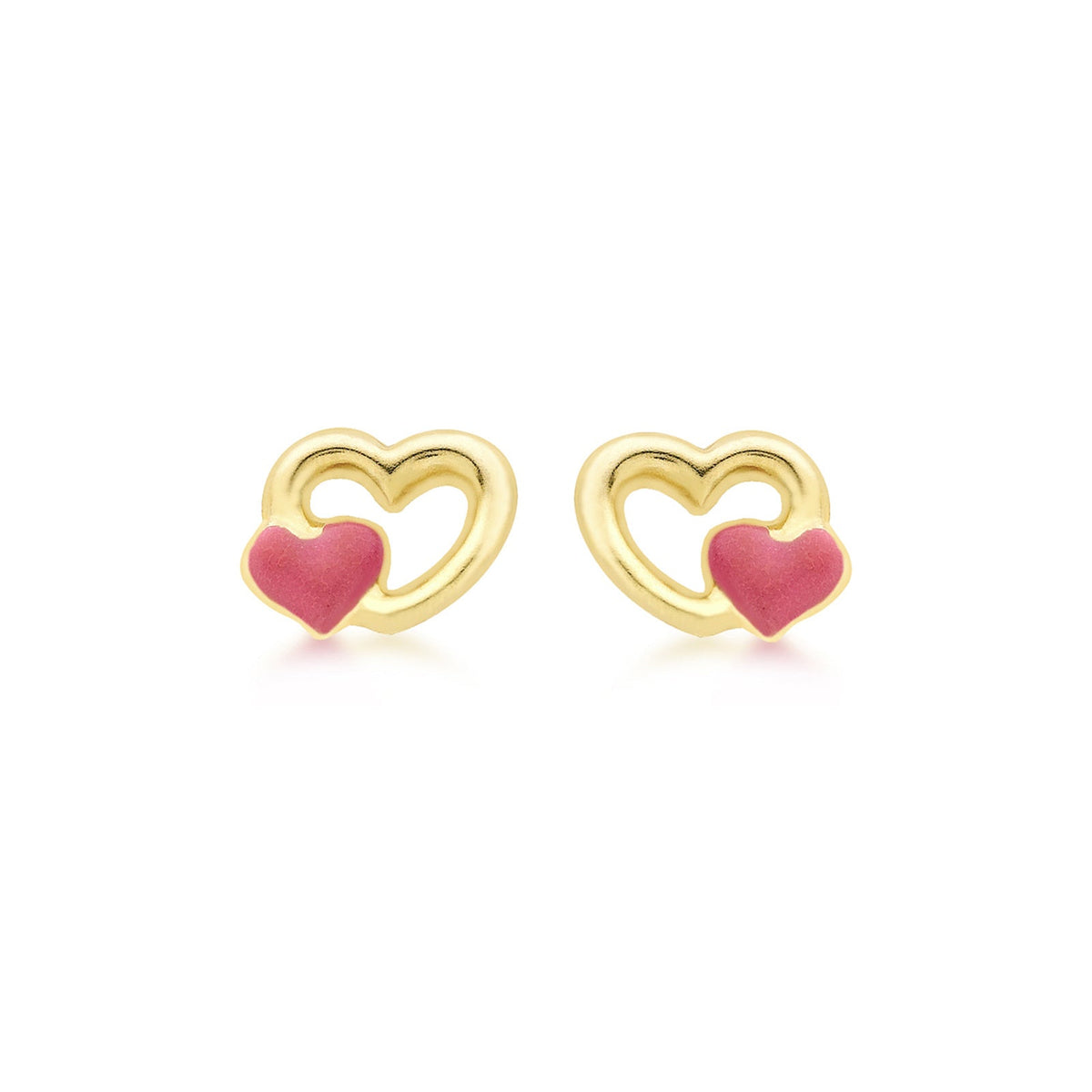 9ct Yellow Gold Pink Enamel Double Heart Stud Earrings