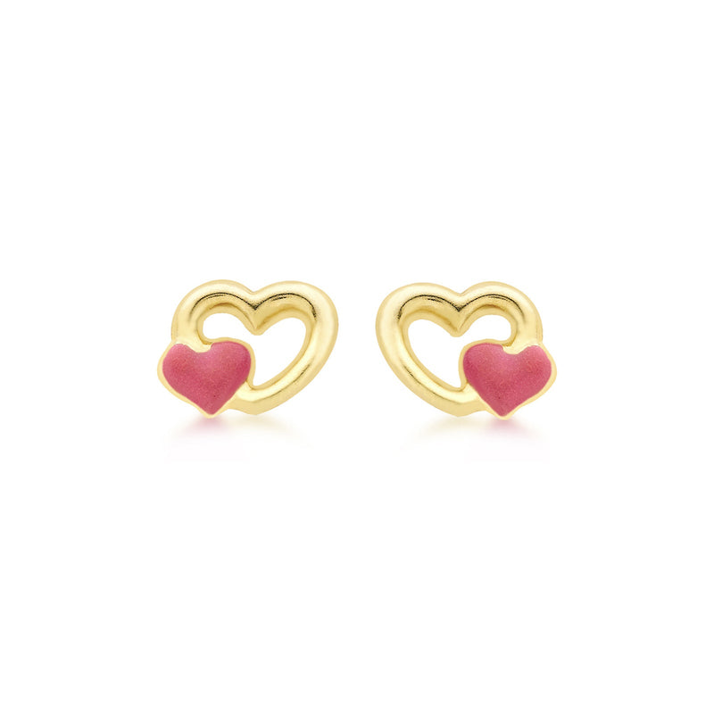 9ct Yellow Gold Pink Enamel Double Heart Stud Earrings
