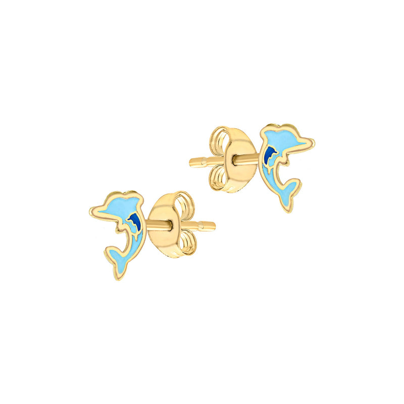 9ct Yellow Gold Blue Enamel Dolphin Stud Earrings