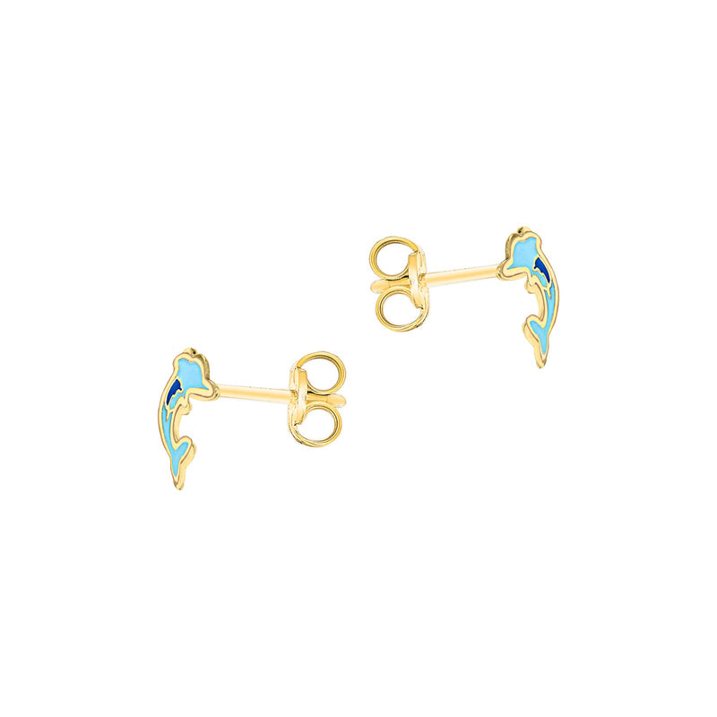 9ct Yellow Gold Blue Enamel Dolphin Stud Earrings