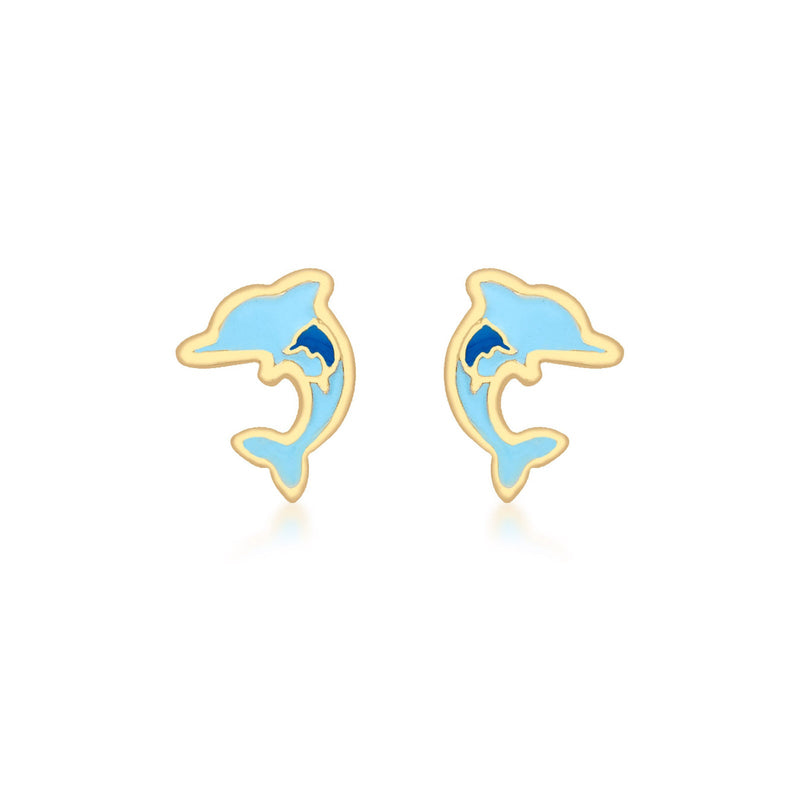 9ct Yellow Gold Blue Enamel Dolphin Stud Earrings