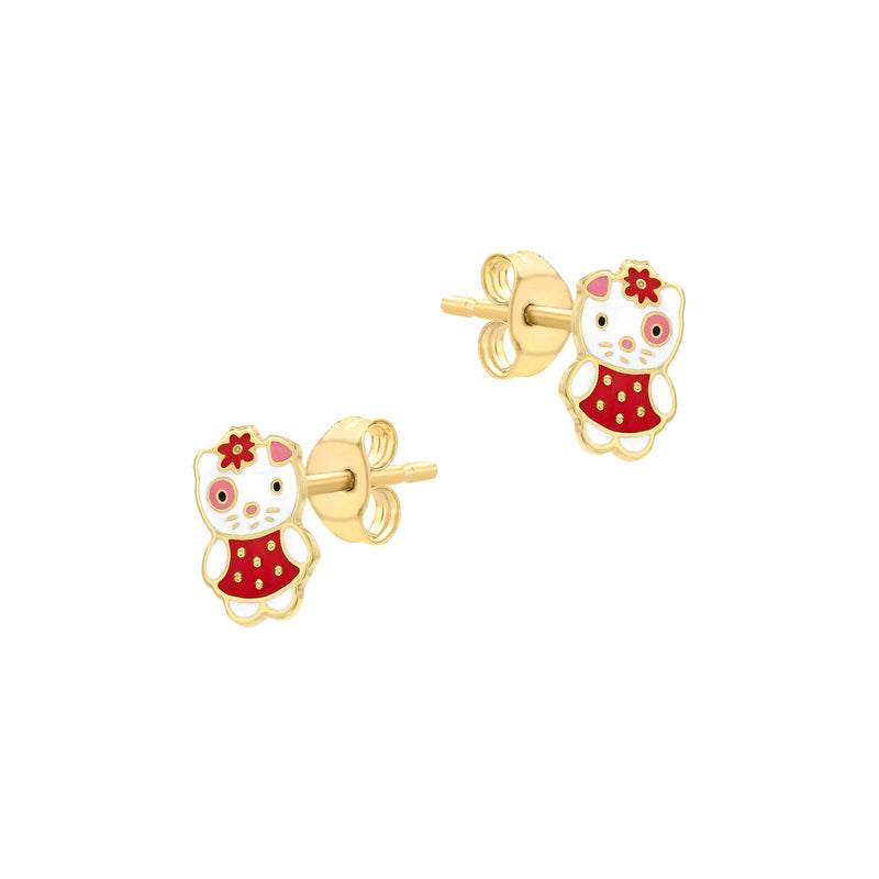 9ct Yellow Gold Red and White Enamel Kitty Stud Earrings