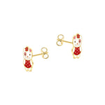 9ct Yellow Gold Red and White Enamel Kitty Stud Earrings