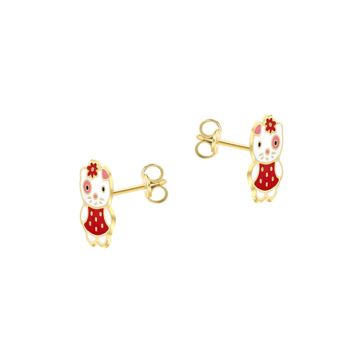 9ct Yellow Gold Red and White Enamel Kitty Stud Earrings