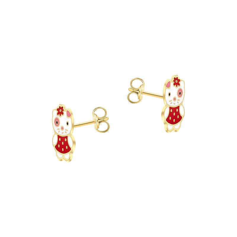 9ct Yellow Gold Red and White Enamel Kitty Stud Earrings