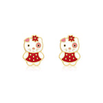 9ct Yellow Gold Red and White Enamel Kitty Stud Earrings