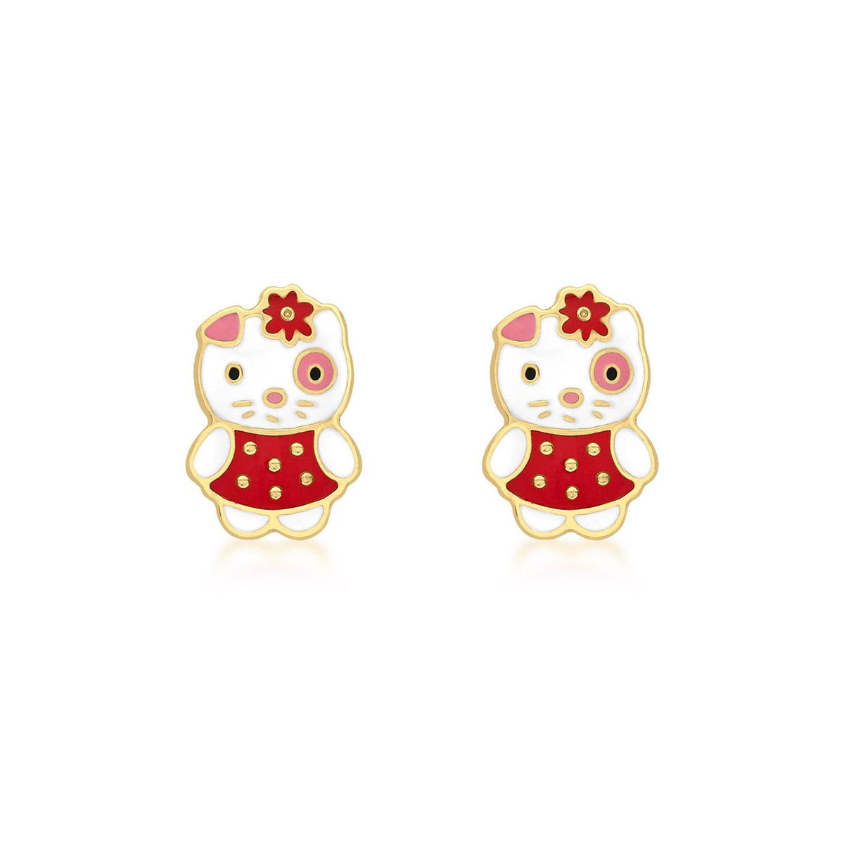 9ct Yellow Gold Red and White Enamel Kitty Stud Earrings