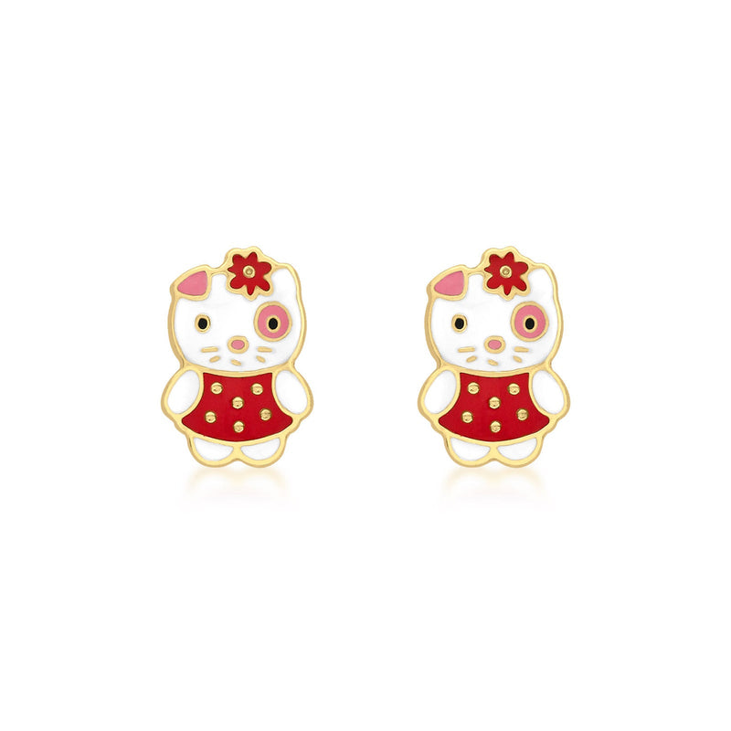 9ct Yellow Gold Red and White Enamel Kitty Stud Earrings