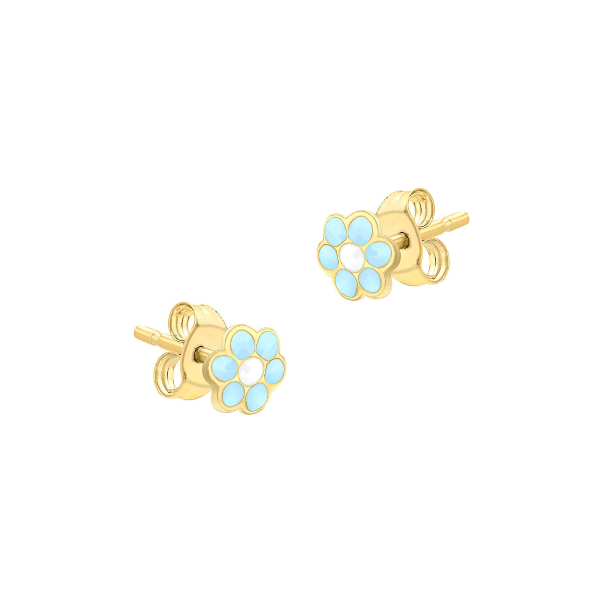 9ct Yellow Gold Blue-Enamel Flower Stud Earrings