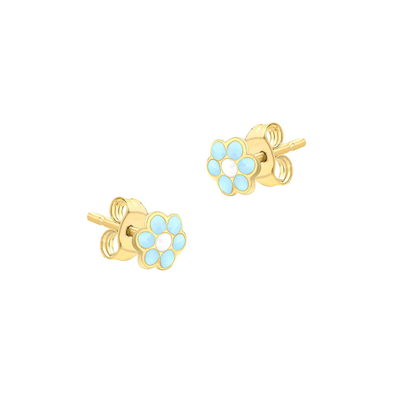 9ct Yellow Gold Blue-Enamel Flower Stud Earrings