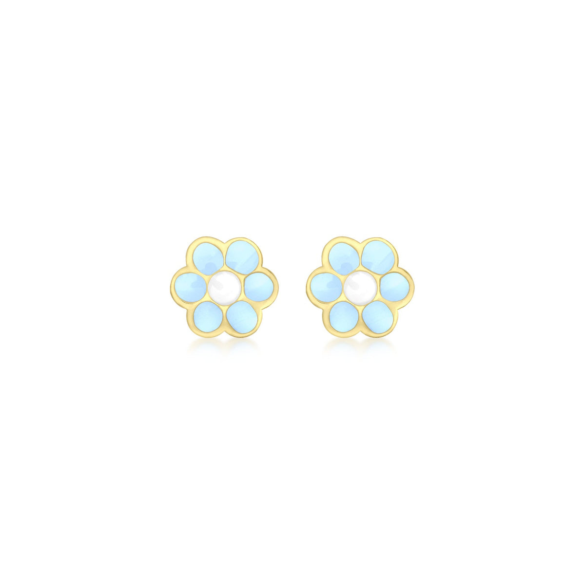 9ct Yellow Gold Blue-Enamel Flower Stud Earrings
