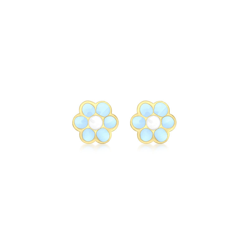 9ct Yellow Gold Blue-Enamel Flower Stud Earrings