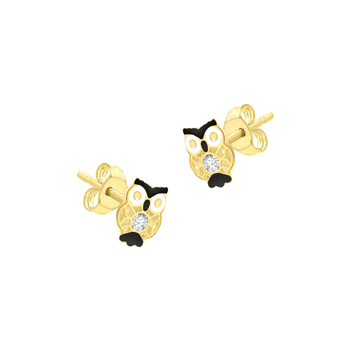 9ct Yellow Gold Cubic Zirconia Enamel Owl Stud Earrings