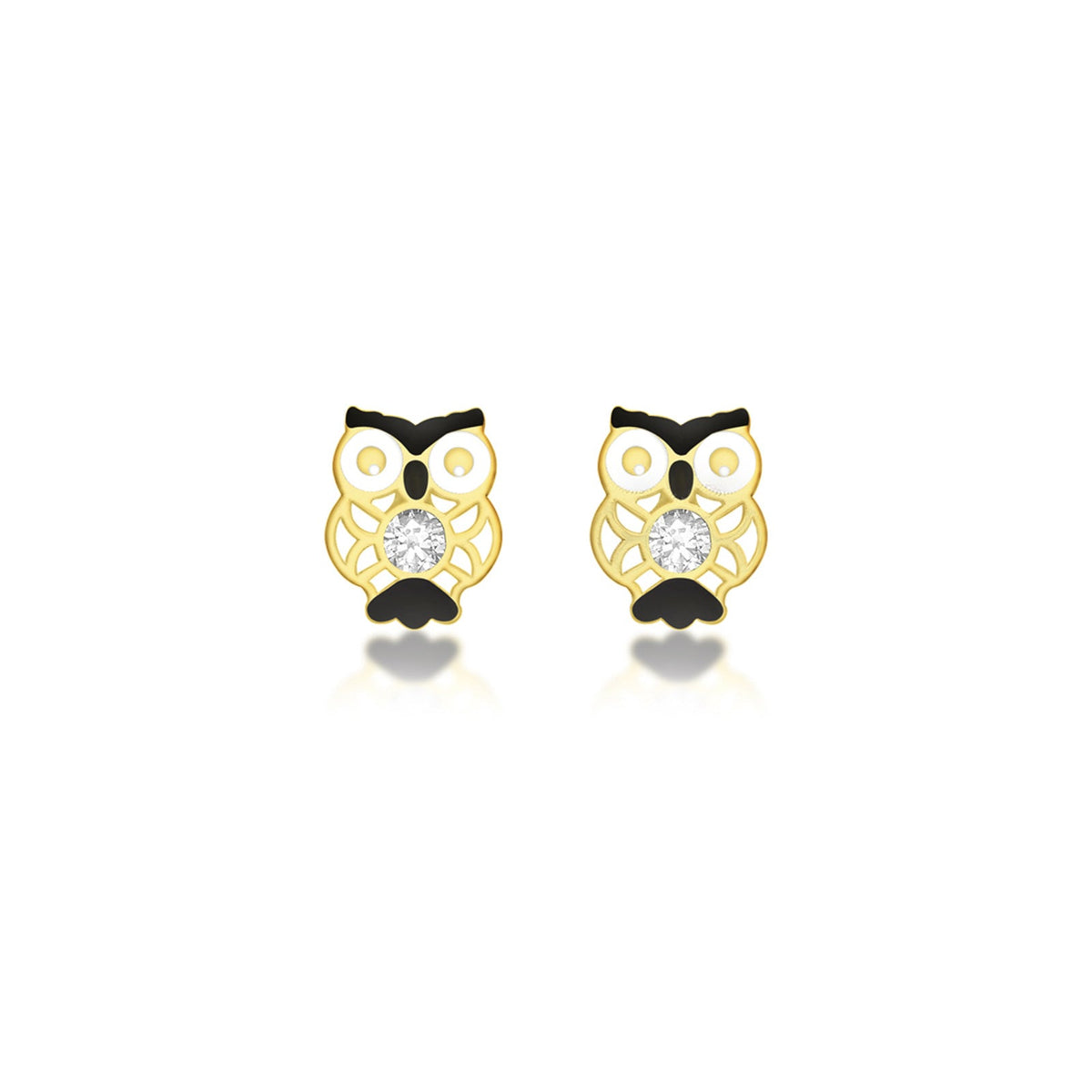 9ct Yellow Gold Cubic Zirconia Enamel Owl Stud Earrings