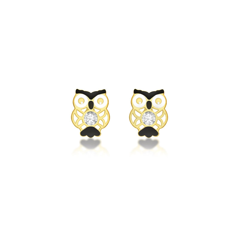 9ct Yellow Gold Cubic Zirconia Enamel Owl Stud Earrings
