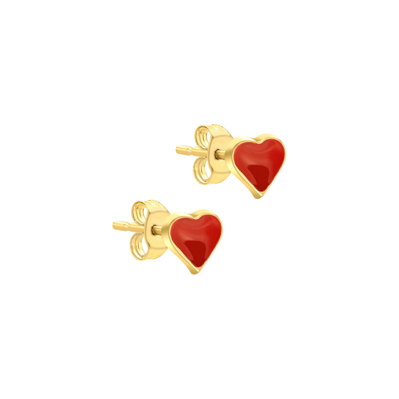 9ct Yellow Gold Red Enamel Heart Stud Earrings