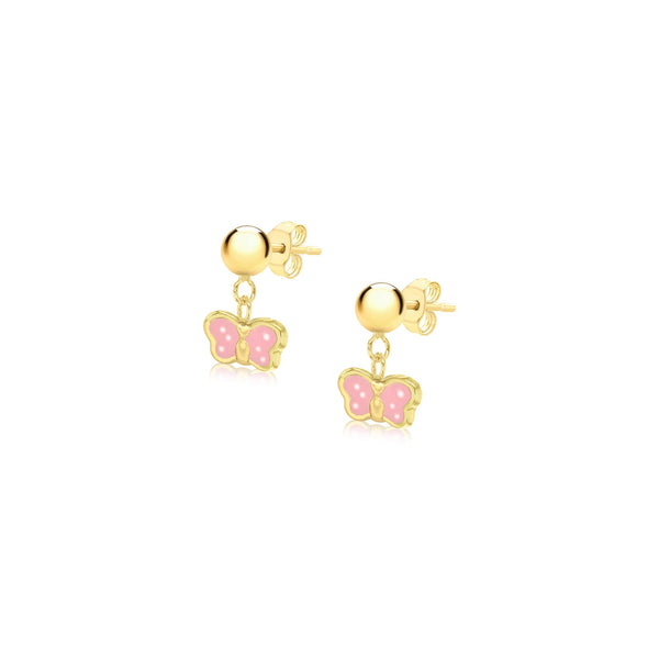 9ct Yellow Gold Pink Enamel Butterfly and Ball Drop Earrings