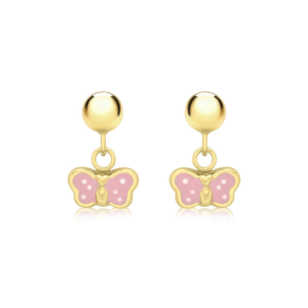 9ct Yellow Gold Pink Enamel Butterfly and Ball Drop Earrings
