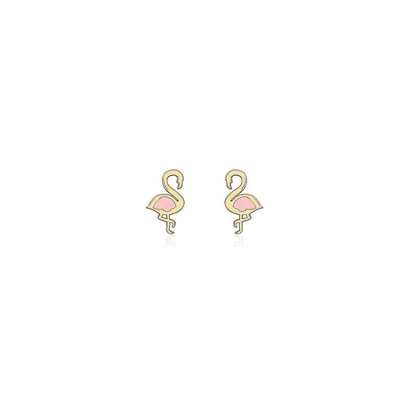 9ct Yellow Gold Pink Enamel Flamingo Stud Earrings