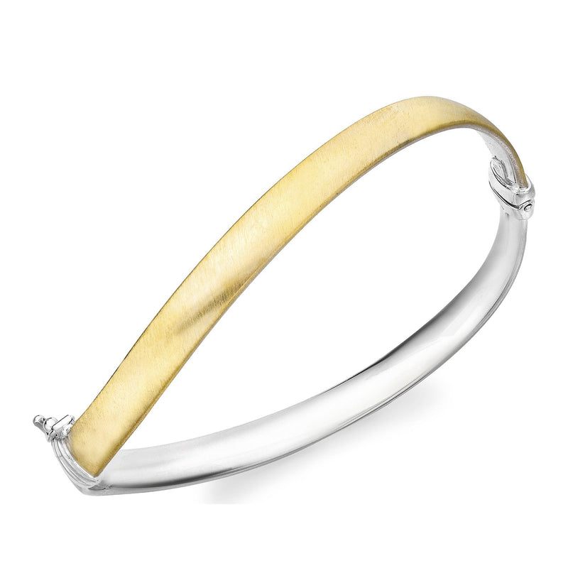 9ct Two Tone Yellow and White Gold Satin and Polished Wave Hinged Bangle - The Fine Jewellery Company