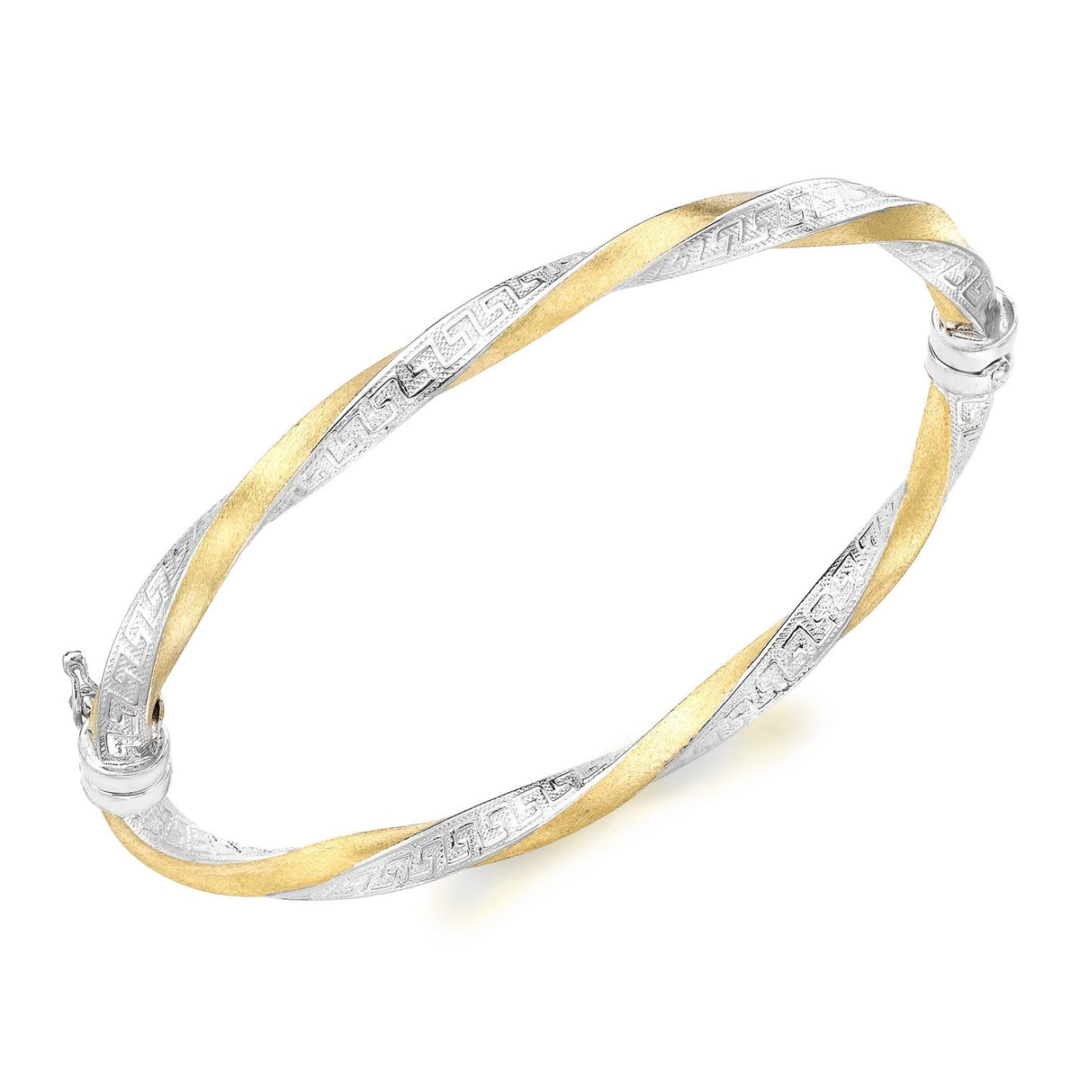 9ct Two Tone Yellow and White Gold Greek Key Pattern Hinged Bangle - The Fine Jewellery Company