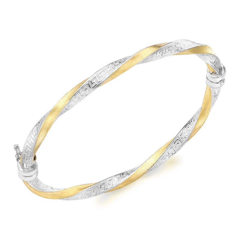 9ct Two Tone Yellow and White Gold Greek Key Pattern Hinged Bangle - The Fine Jewellery Company