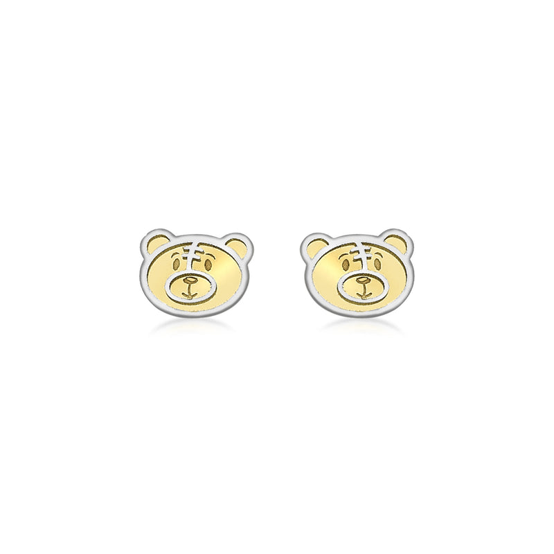 9ct Yellow and White Gold Teddy Bear Face Stud Earrings