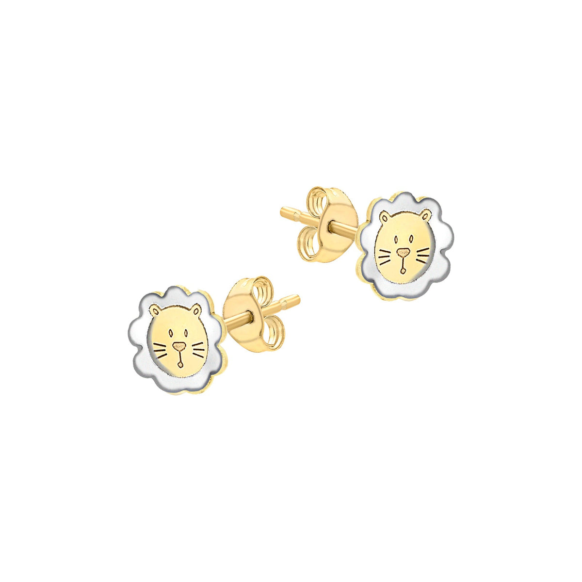 9ct Yellow and White Gold Lion Face Stud Earrings