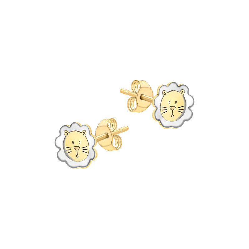 9ct Yellow and White Gold Lion Face Stud Earrings