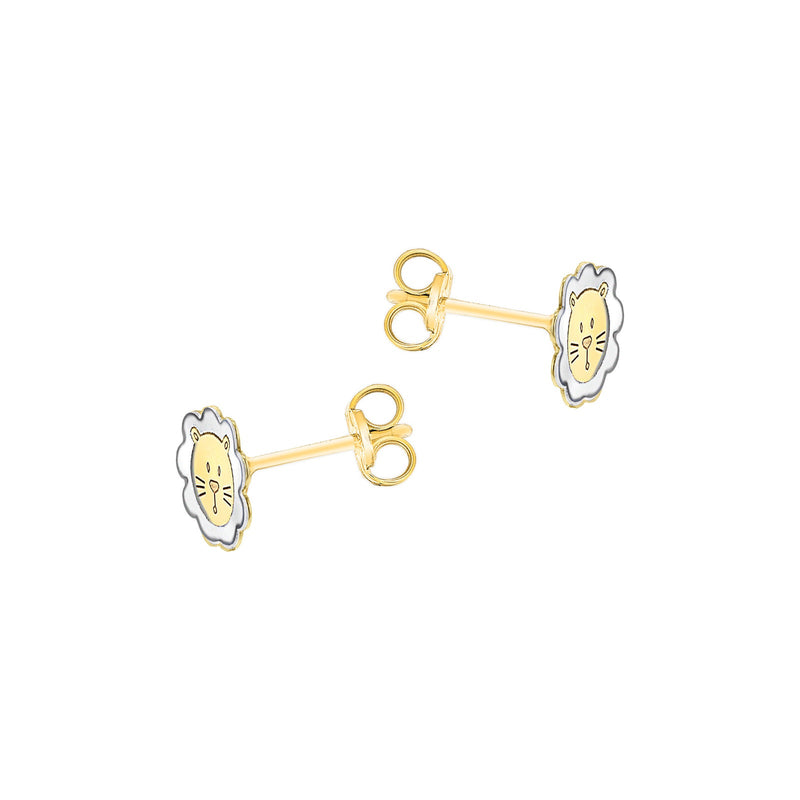 9ct Yellow and White Gold Lion Face Stud Earrings