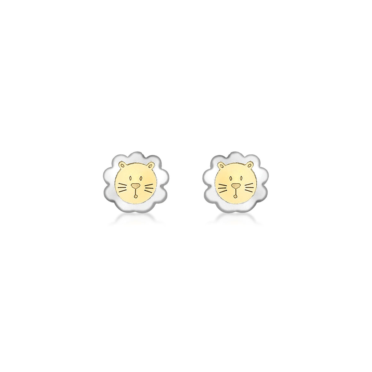 9ct Yellow and White Gold Lion Face Stud Earrings