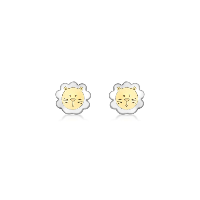 9ct Yellow and White Gold Lion Face Stud Earrings