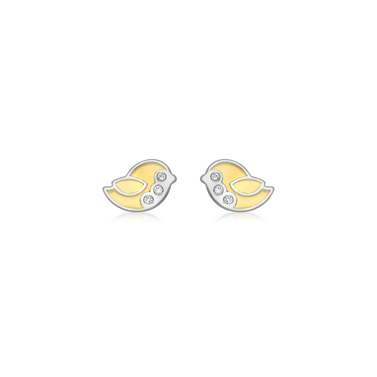 9ct Yellow and White Gold Cubic Zirconia Bird Stud Earrings