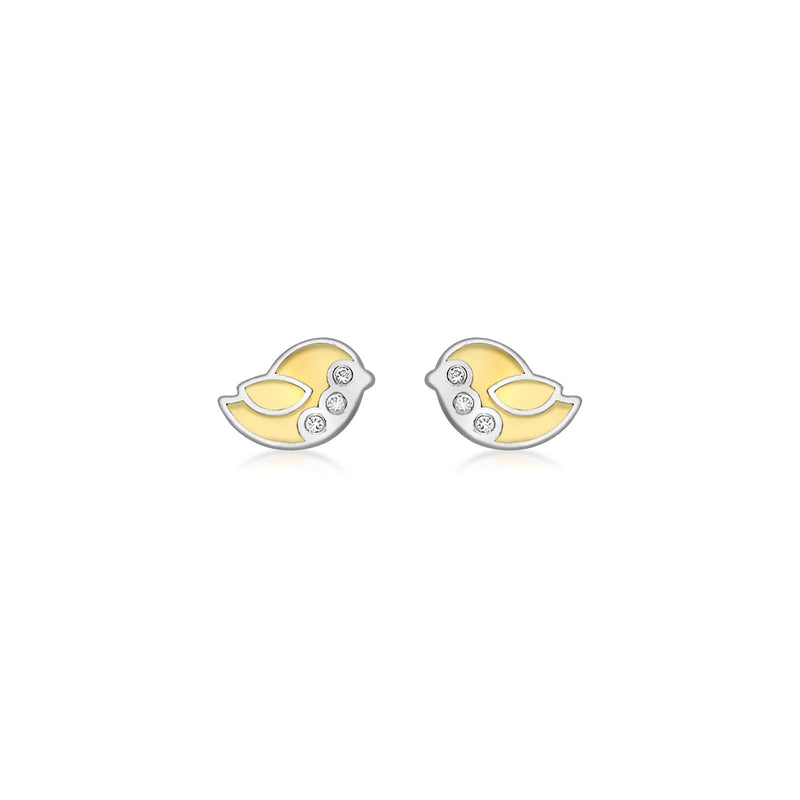 9ct Yellow and White Gold Cubic Zirconia Bird Stud Earrings