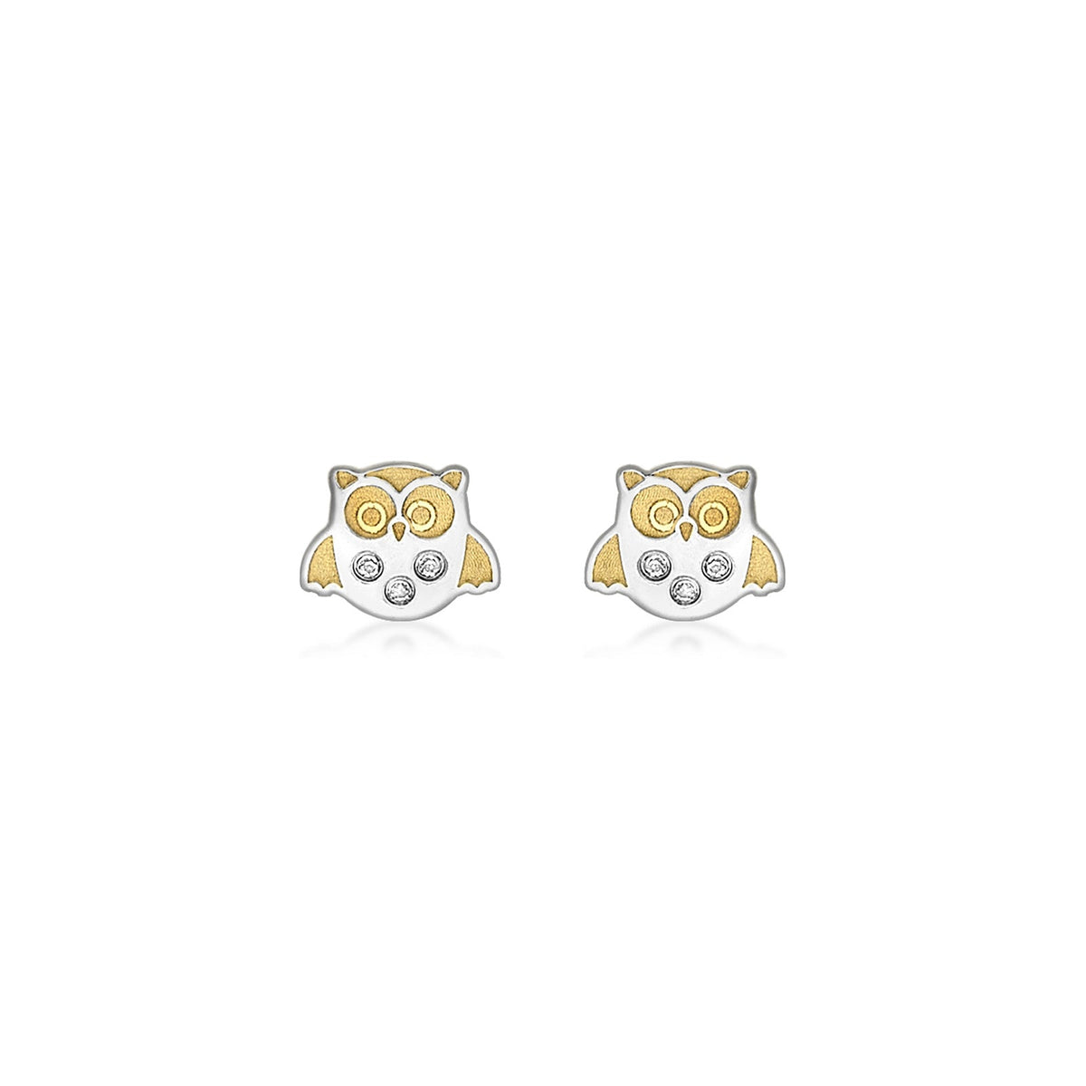 9ct Yellow and White Gold Cubic Zirconia Owl Stud Earrings