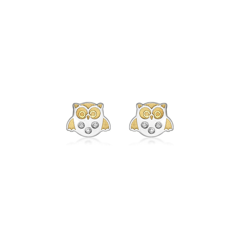 9ct Yellow and White Gold Cubic Zirconia Owl Stud Earrings