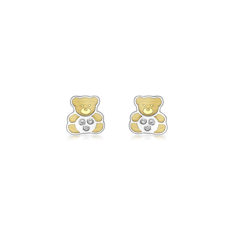9ct Yellow and White Gold Cubic Zirconia Teddy Bear Stud Earrings
