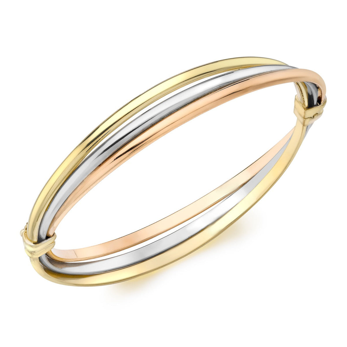 9ct Three Colour Yellow, White and Rose Gold Russian Hinged Bangle - The Fine Jewellery Company