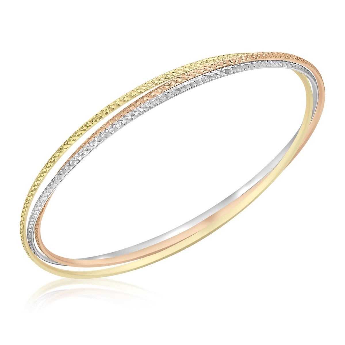 9ct Three Colour Yellow, White and Rose Gold Fine Textured Russian Slip-On Bangle - The Fine Jewellery Company