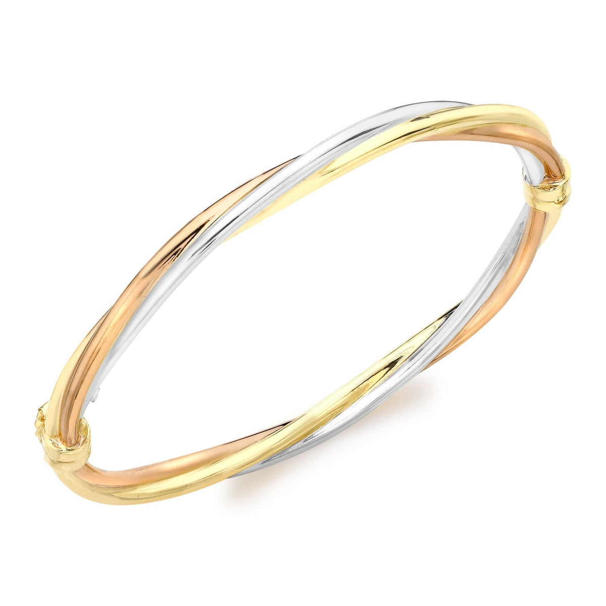 9ct Three Colour Yellow, White and Rose Gold Interwoven Hinged Bangle - The Fine Jewellery Company