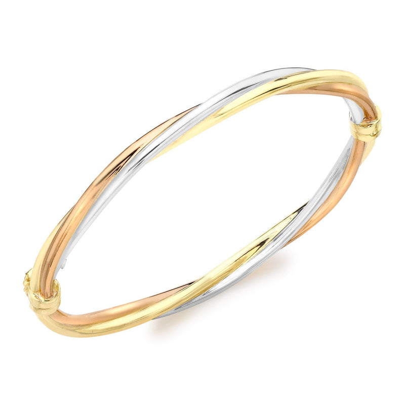 9ct Three Colour Yellow, White and Rose Gold Interwoven Hinged Bangle - The Fine Jewellery Company