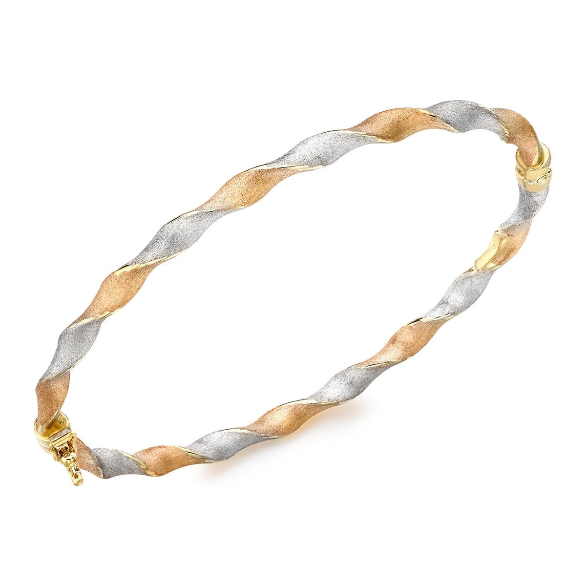 9ct Three Colour Yellow, White and Rose Gold Ribbon Twist Hinged Bangle - The Fine Jewellery Company