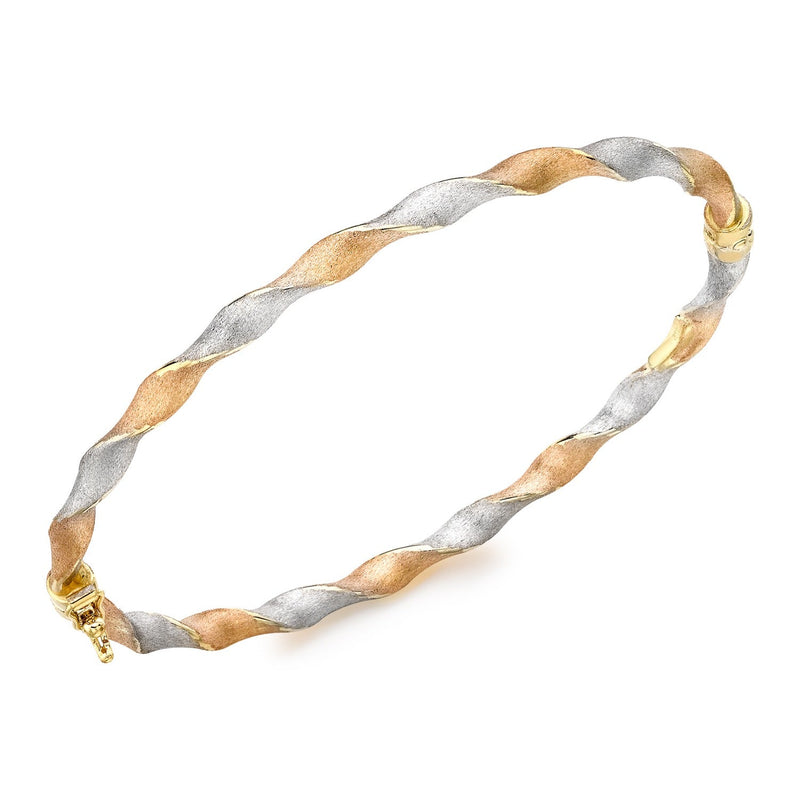 9ct Three Colour Yellow, White and Rose Gold Ribbon Twist Hinged Bangle - The Fine Jewellery Company