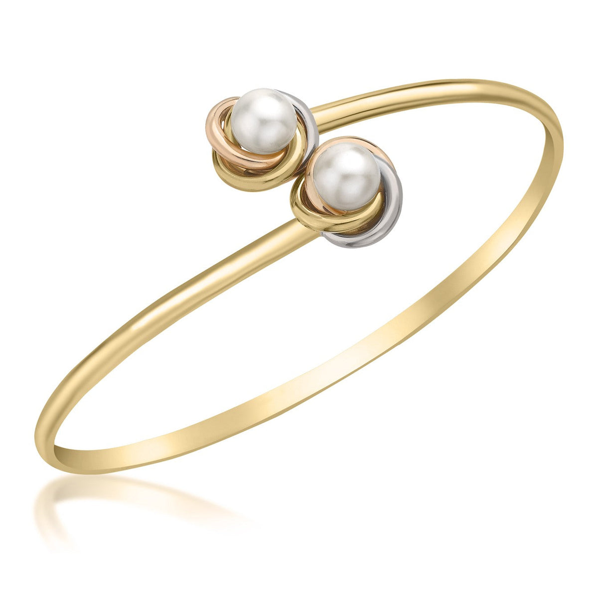 9ct Three Colour Yellow, White and Rose Gold Freshwater Pearl Knot Slip-On Bangle - The Fine Jewellery Company